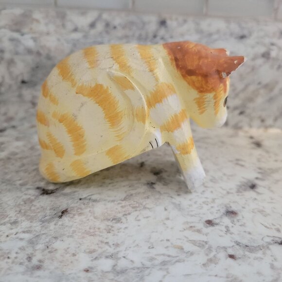 Handpainted Wooden Cat Figurine Yellow & White 2.5" Adorable Striped Design Home - Picture 3 of 8